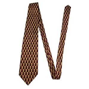 Roundtree Yorke Silk Tie Men Geometric Burgundy Gold Handmade USA Retro Preppy